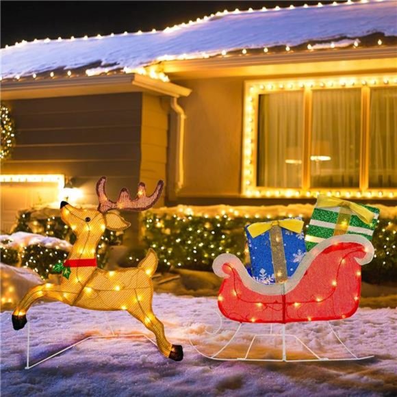 Christmas Outdoor Decoration Pre-Lit Lighted 2D Santa Sleigh Reindeer w - Picture 6 of 6